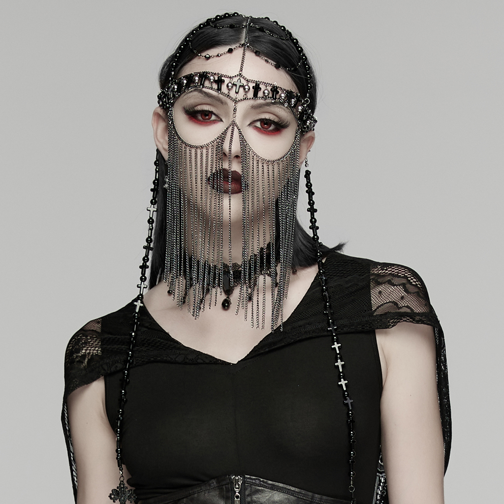 Punk Rave Rosary Black & Silver Cross Mask